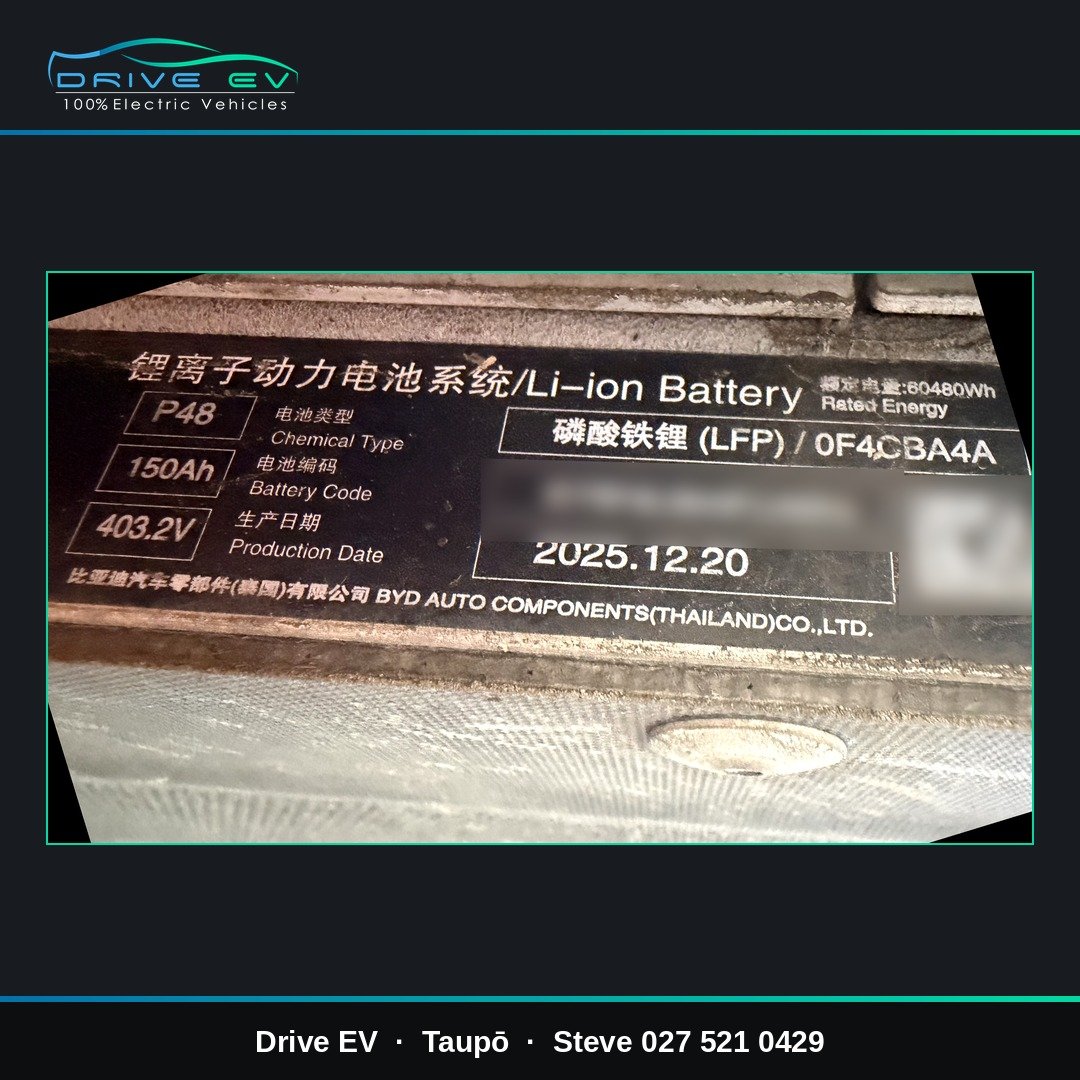 Close-up of the BYD Blade pack label: LFP, 150 Ah, 403.2 V, 60,480 Wh rated energy, production date December 2025
