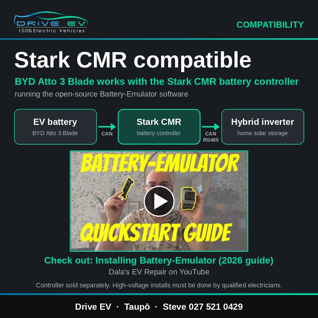 Compatibility graphic: BYD Atto 3 Blade pack to Stark CMR battery controller to hybrid inverter, with Dala's Battery-Emulator quickstart guide