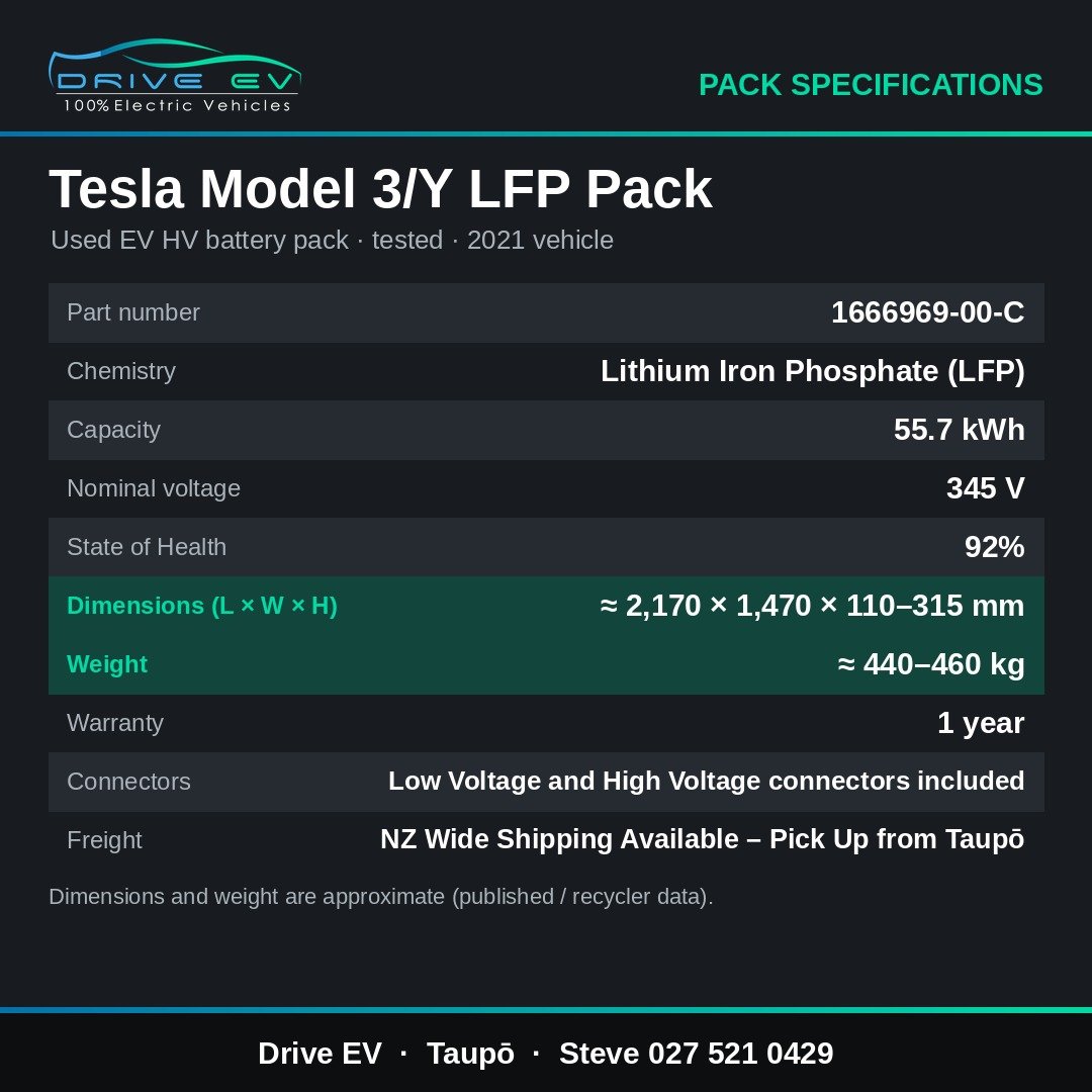 Specification sheet for the 55.7 kWh Tesla Model 3/Y LFP pack: chemistry, capacity, voltage, state of health, dimensions, weight, warranty and freight
