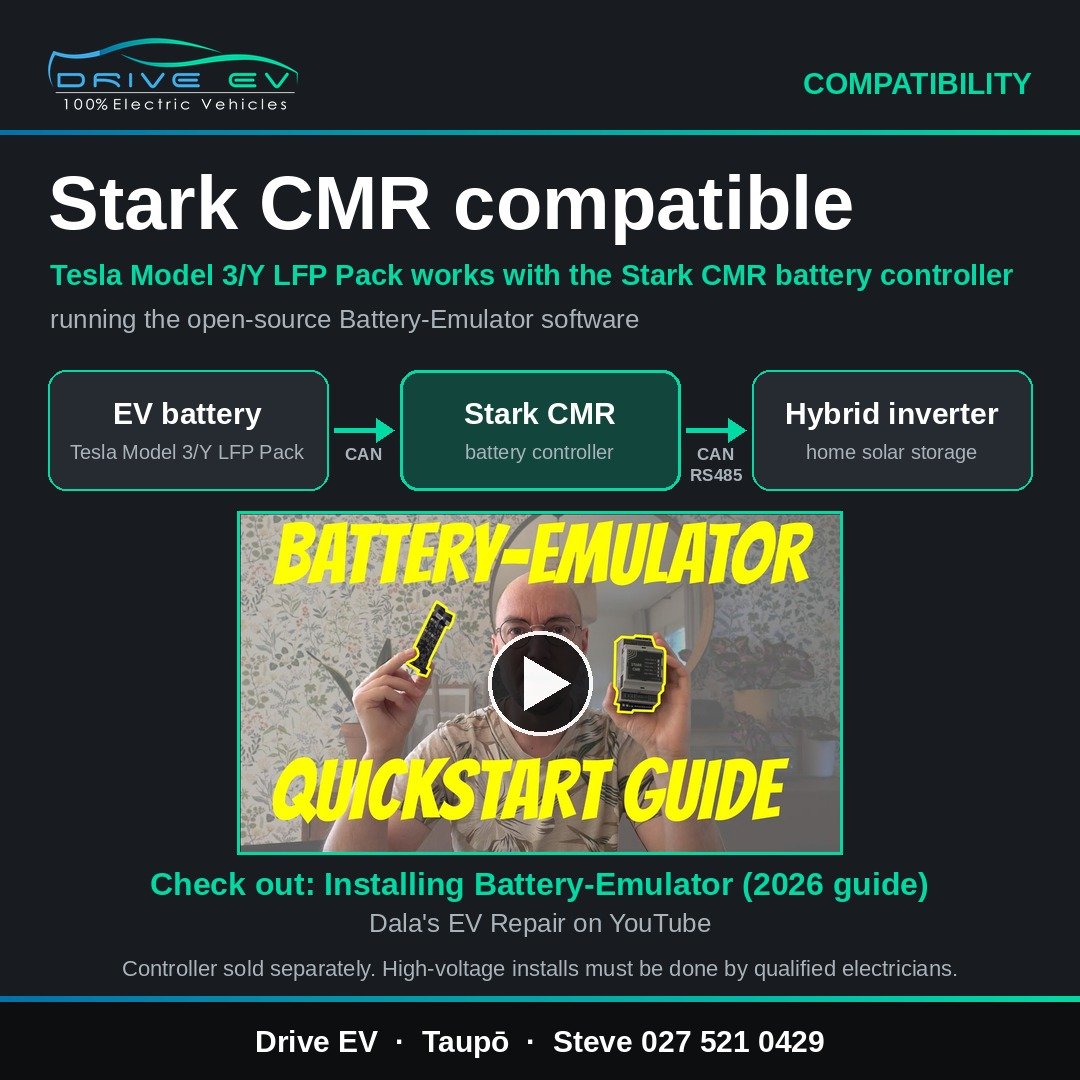 Compatibility graphic: Tesla Model 3/Y LFP pack to Stark CMR battery controller to hybrid inverter, with Dala's Battery-Emulator quickstart guide